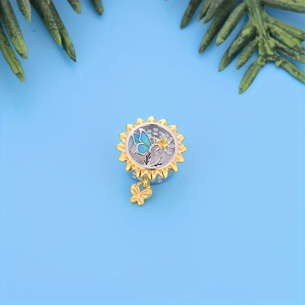 925 Sterling Silver Sunflower Charm Bead, 14K Gold Plated
